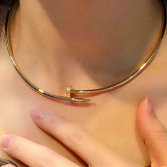 Gold Nail Zircon Choker Necklace Luxury Minimalist - Picture 3 of 7